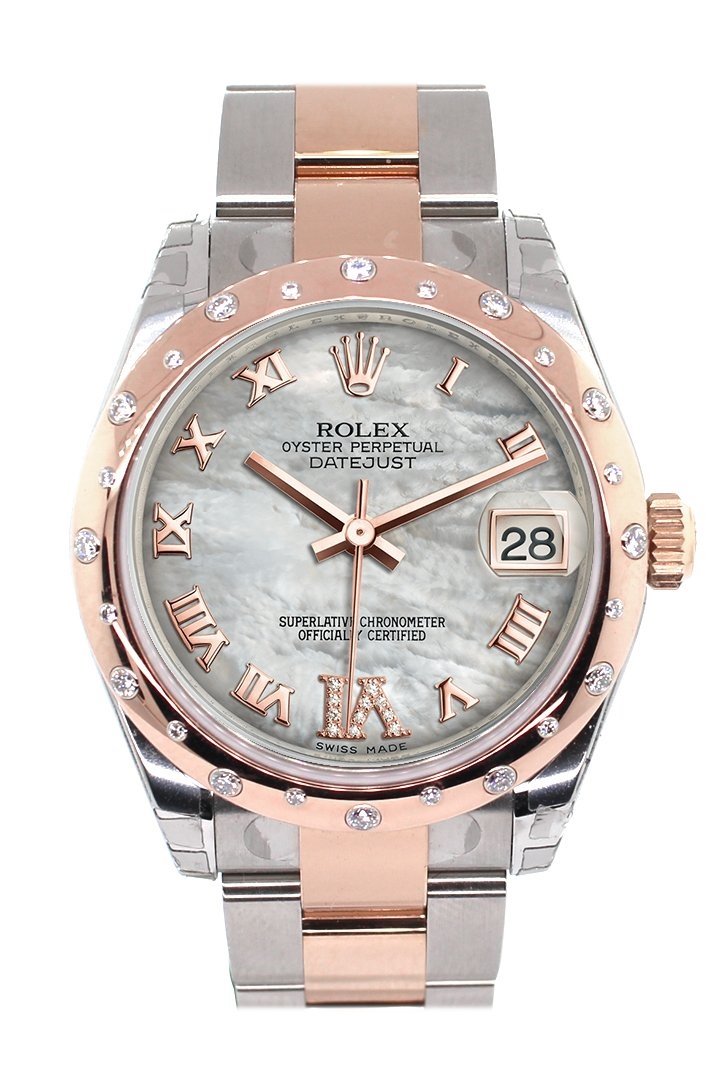 Datejust 31 White Mother of PeaRoman Large VI set with Diamond Dial Diamond Bezel 18K Rose Gold Two Tone Ladies Watch 178341