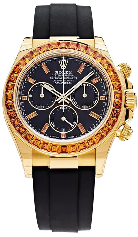 Daytona Yellow Gold Orange Sapphire Bezel Black Dial 116588SACO